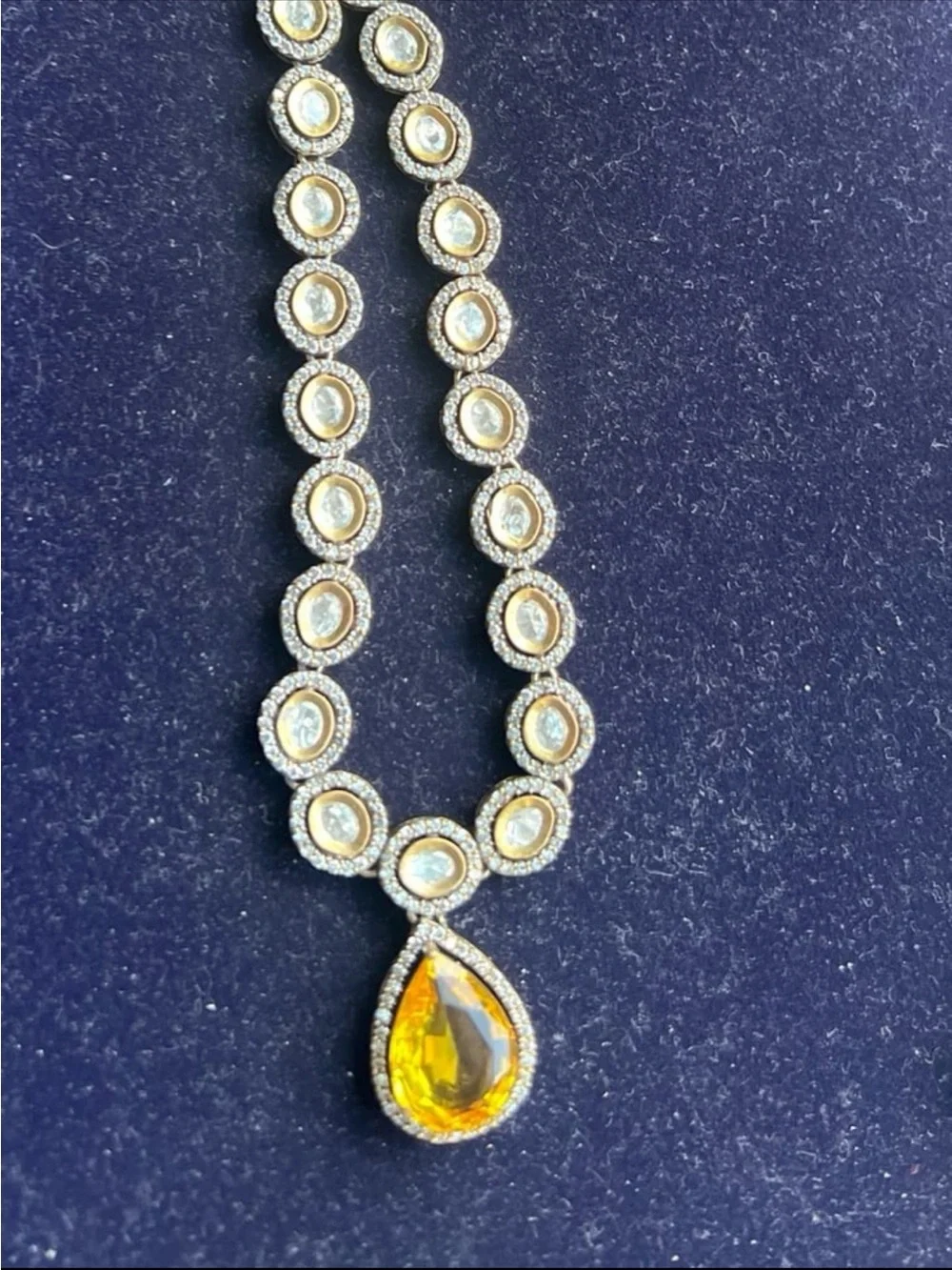 Gorgeous topaz 6.2CT tear drop antique gold plated necklace with clear crystals